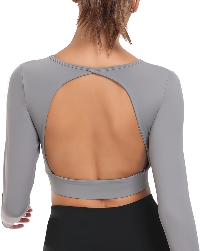 Nylon Workout Shirt Cutout Long Sleeve Cropped Thumbhole Top