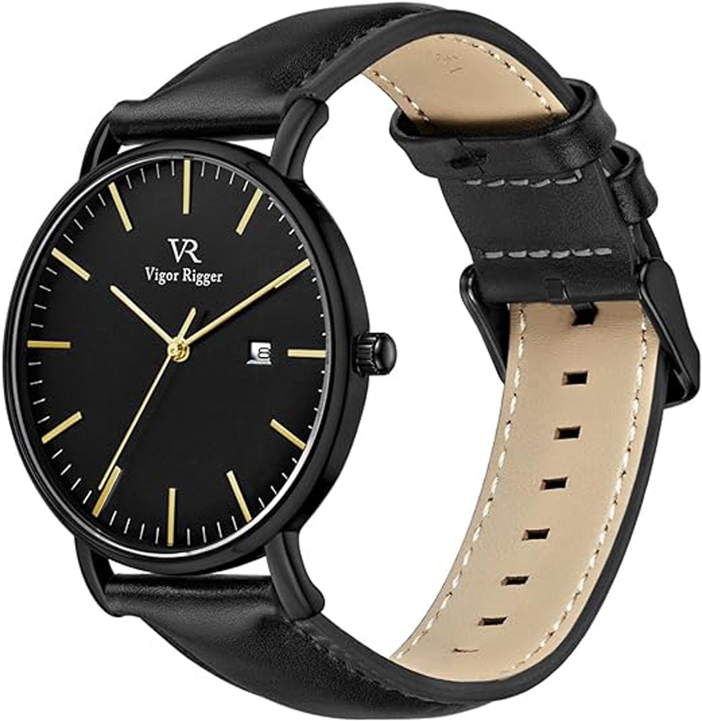 VIGOR RIGGER Men's Quartz Watches with Genuine Black Leather/Stainless Steel Watch Band, Minimalist Analog Date Display Wrist Watch, 30M Waterproof Watch with Metal